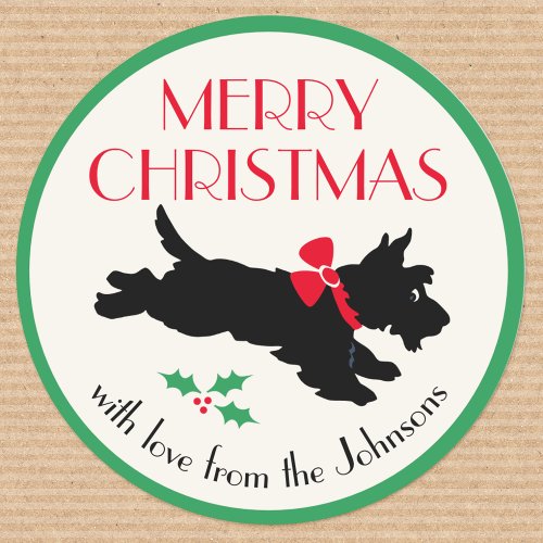 Christmas Scottie Dog Holly Green Custom Classic Round Sticker