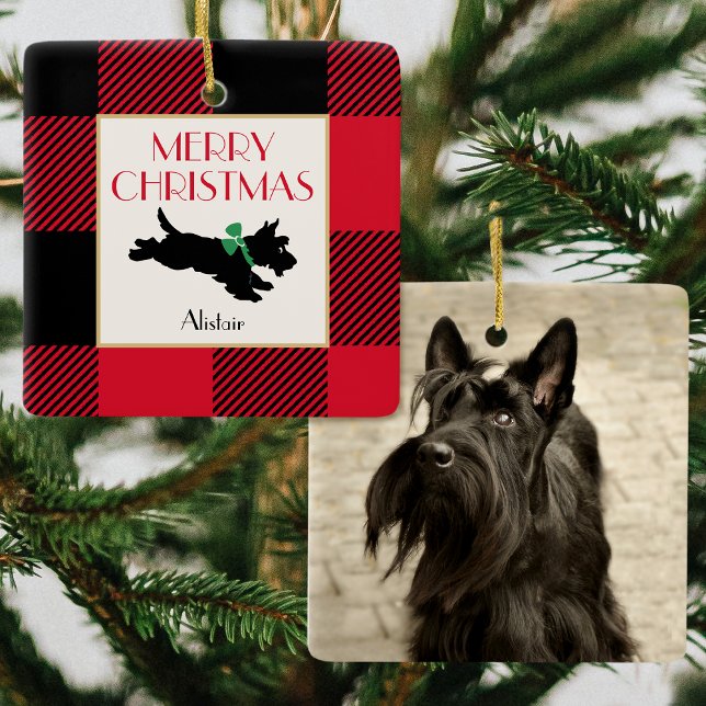 Christmas Scottie Dog Photo Buffalo Plaid Red Ceramic Ornament (Creator Uploaded)
