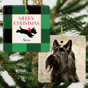 Christmas Scottie Dog Photo Green Buffalo Plaid Ceramic Ornament