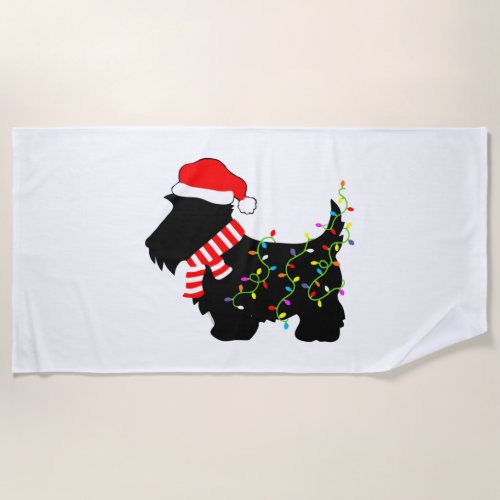 Christmas Scottie Dog With Lights  Beach Towel