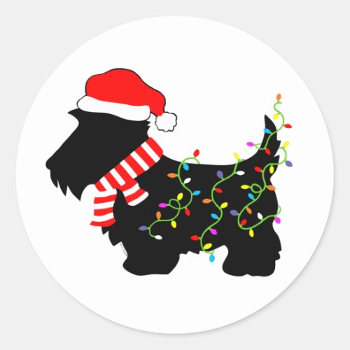 Christmas Scottie Dog With Lights Classic Round Sticker