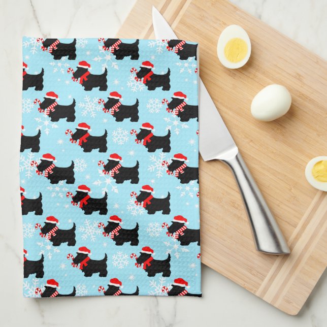 Christmas Scottie Dogs Pattern Kitchen Towel (Quarter Fold)