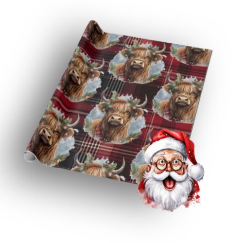 Christmas Scottish Tartan dark red Highlander Cow Wrapping Paper