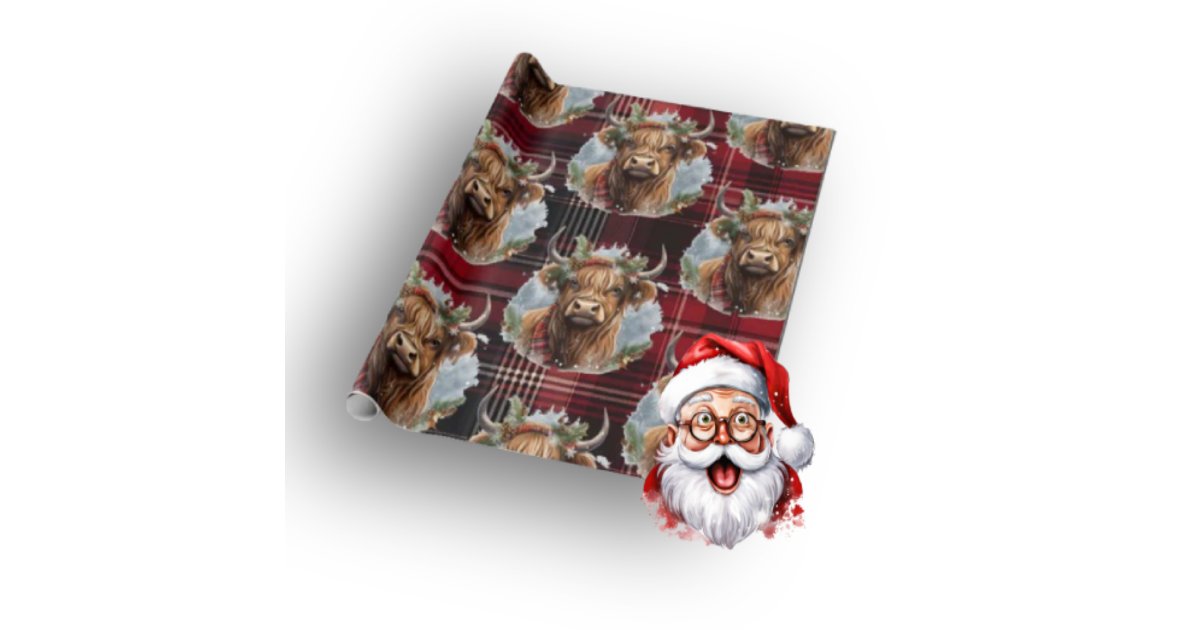 Christmas Scottish Tartan dark red Highlander Cow Wrapping Paper | Zazzle