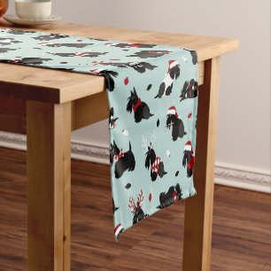 Christmas Scottish Terrier Blue Short Table Runner