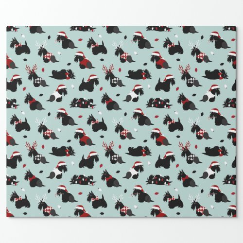 Christmas Scottish Terrier Blue Wrapping Paper