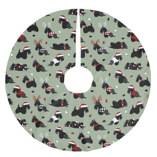 Christmas Scottish Terrier Green Brushed Polyester Tree Skirt (Front)