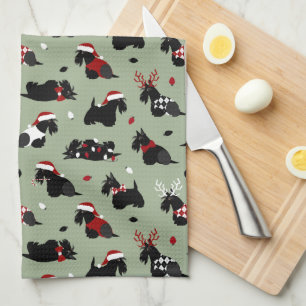 Christmas Scottish Terrier Green Kitchen Towel