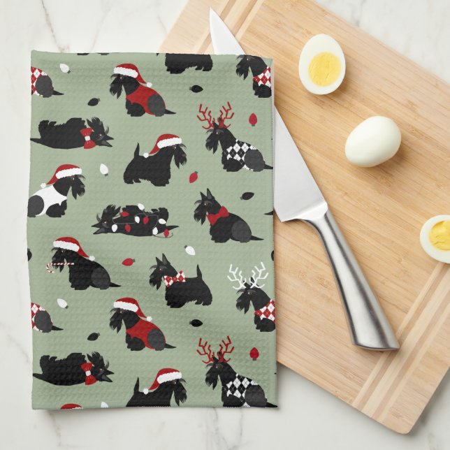Christmas Scottish Terrier Green Kitchen Towel (Quarter Fold)