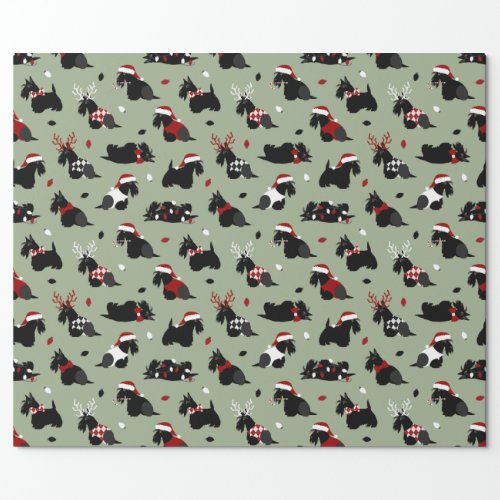 Christmas Scottish Terrier Green Wrapping Paper