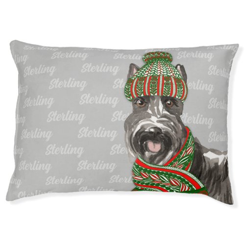 Christmas Scottish Terrier on Gray with Dogs Name Pet Bed