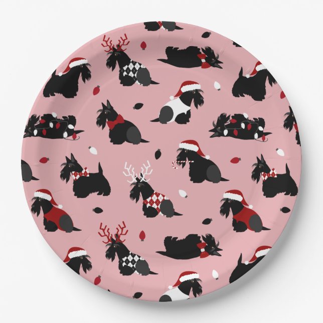 Christmas Scottish Terrier Pink Paper Plates (Front)