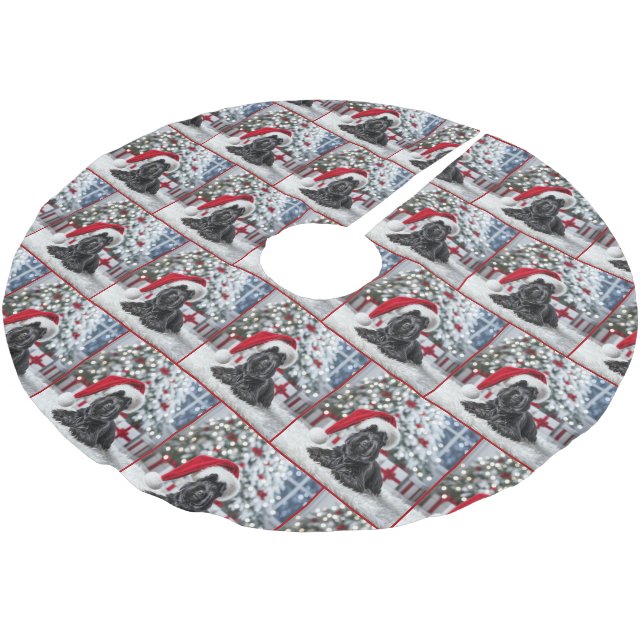 Christmas Scottish Terrier With Santa Hat Brushed Polyester Tree Skirt (Angled)