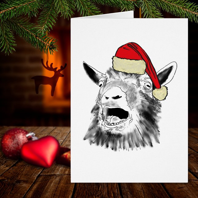 Christmas Screaming Goat Cards (Funny Christmas screaming goat wearing a santa hat farm animal art holiday greetings card)