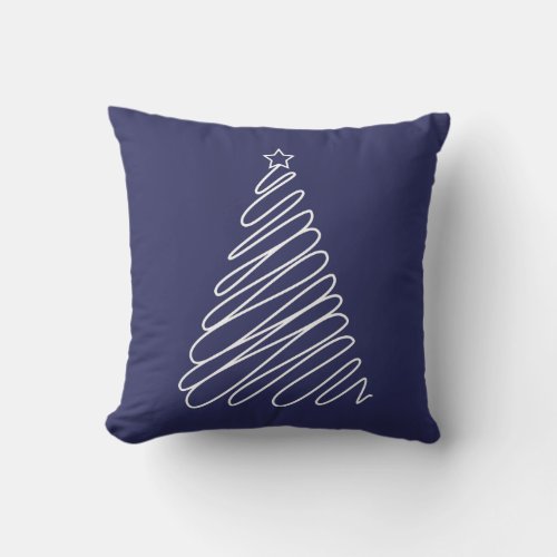 Christmas Scribble Tree Navy Blue White Throw Pillow