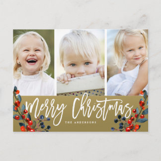 Christmas Script Berries 3 Photo Holiday Postcard