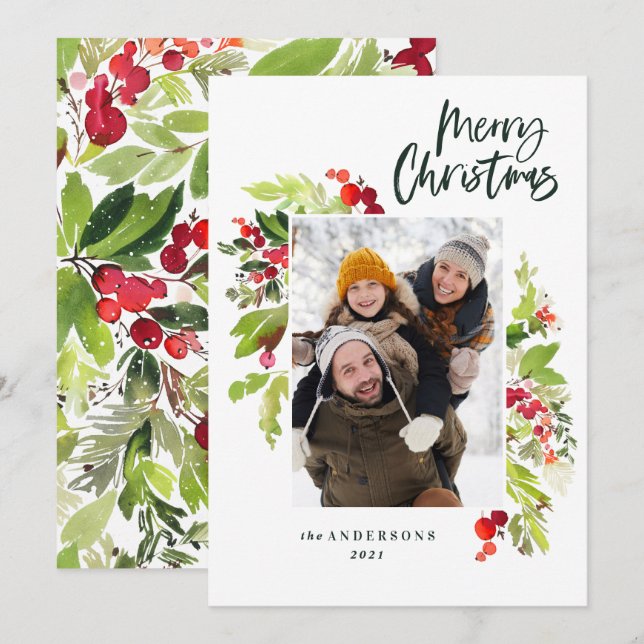 Christmas script botanical 1 photo red green holiday card (Front/Back)