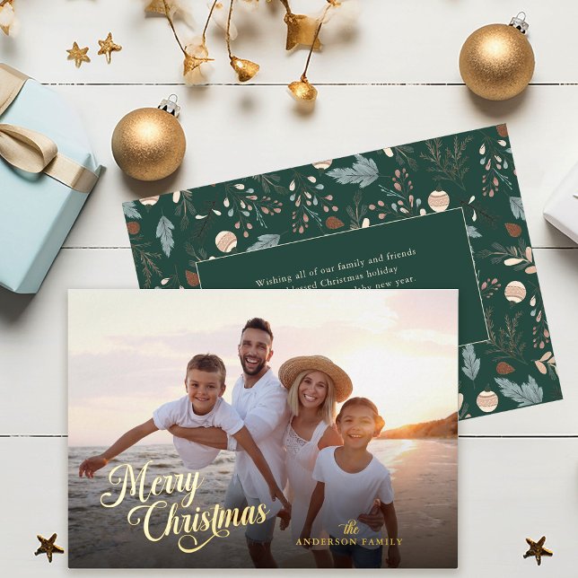 Christmas Script Full Photo Greenery Message Gold Foil Holiday Card (Creator Uploaded)
