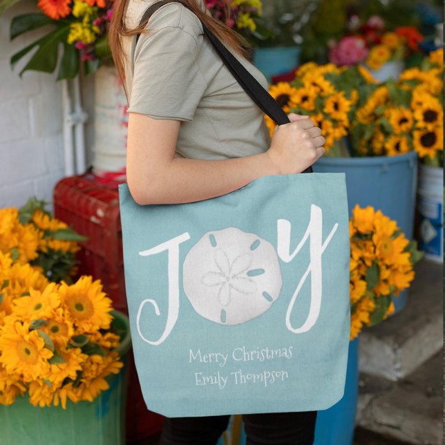 Christmas Script Joy typography Sand Dollar Tote Bag (Sand dollar calligraphy sand dollar typography. )