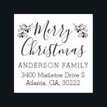 Christmas Script Mistletoe Family Return Address Self-inking Stamp<br><div class="desc">Cute illustration of mistletoes on both sides of the text that says "Merry Christmas" in a trendy calligraphy font. The bottom of the stamp has the family name and address. Practical stamp to use for all the Christmas cards and gifts you are sending out to your loved ones!</div>
