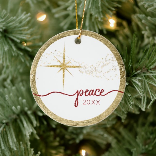 Christmas Script Peace Star Gold Red Glitter Photo Ceramic Ornament (Tree)