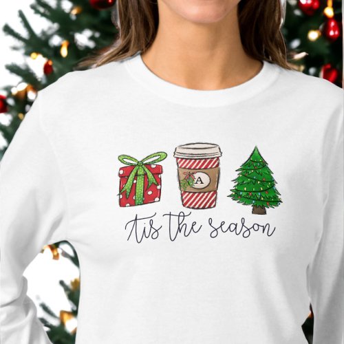 Christmas Script Present Monogram Coffee Tree T_Shirt