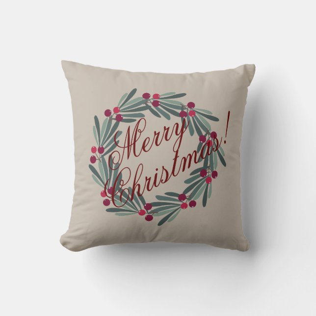 Christmas Script Pretty Festive Tan Throw Pillow (Front)
