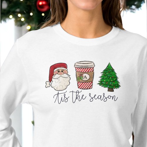 Christmas Script Santa Initial Coffee Tree T_Shirt
