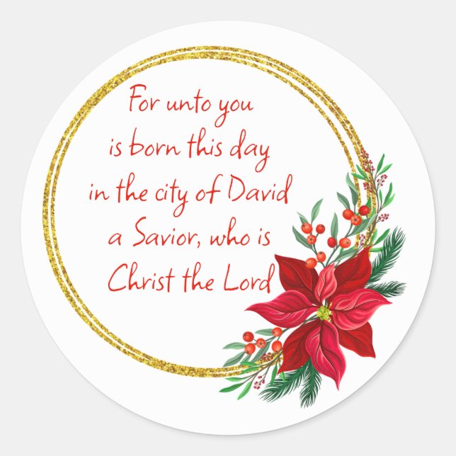 Christmas Scripture Luke 2:11 Pointsettia Classic Round Sticker (Front)