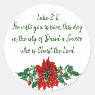 Christmas Scripture Luke 2:11 Pointsettia Holly Classic Round Sticker