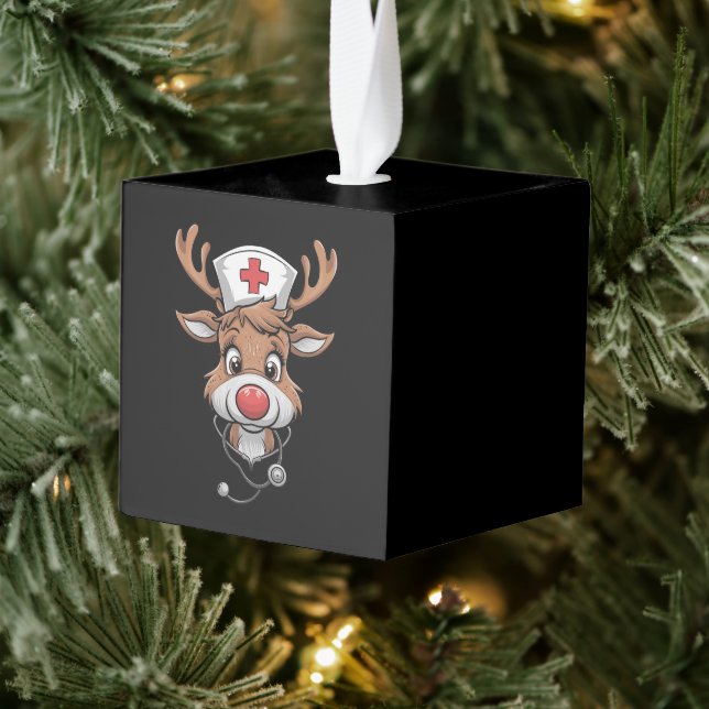 Christmas Scrub Top Reindeer Rubber Gloves Nurses Cube Ornament (Tree)