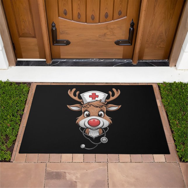 Christmas Scrub Top Reindeer Rubber Gloves Nurses Doormat (Outdoor)