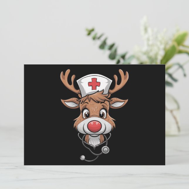 Christmas Scrub Top Reindeer Rubber Gloves Nurses Holiday Card (Standing Front)