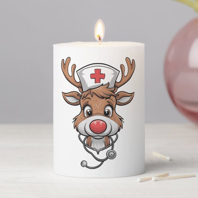 Christmas Scrub Top Reindeer Rubber Gloves Nurses Pillar Candle (In Situ)