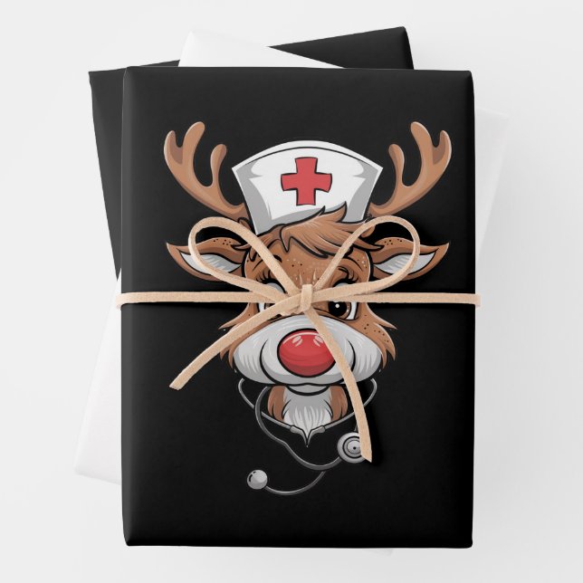 Christmas Scrub Top Reindeer Rubber Gloves Nurses Wrapping Paper Sheets (In situ)
