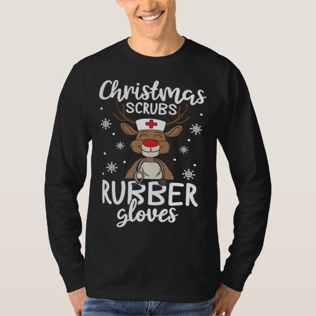 Christmas Scrubs Rubber Gloves  Nursing Christmas T-Shirt (Front)