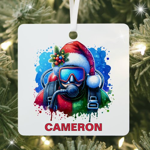 Christmas Scuba Diver Custom Name Metal Ornament