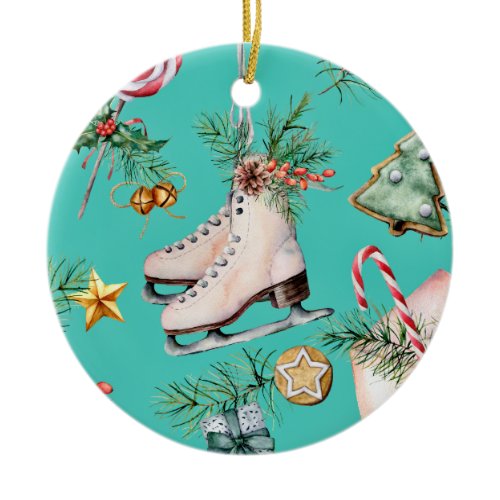 Christmas Sea Green Cookies Pines Skate Ornament