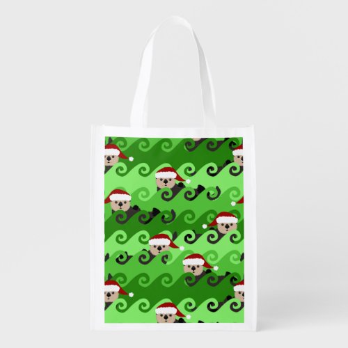 Christmas Sea Otters Green Waves Grocery Bag
