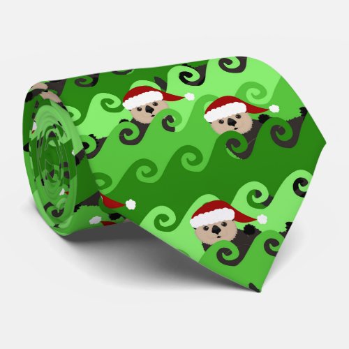 Christmas Sea Otters Green Waves Neck Tie