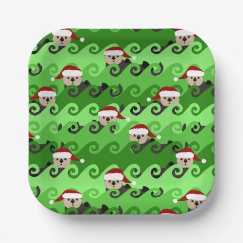 Christmas Sea Otters Green Waves Paper Plates