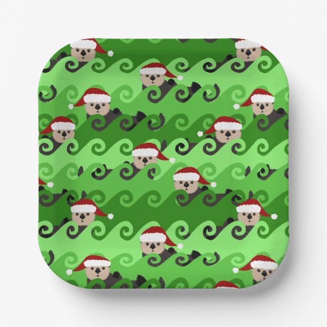 Christmas Sea Otters Green Waves Paper Plates (Front)