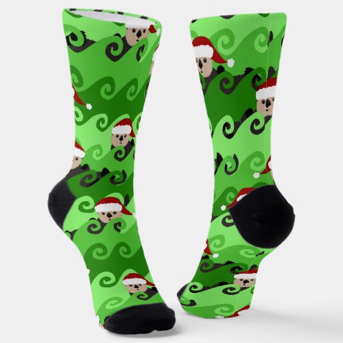 Christmas Sea Otters Green Waves Socks