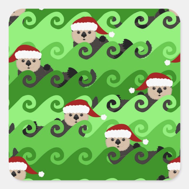 Christmas Sea Otters Green Waves Square Sticker (Front)