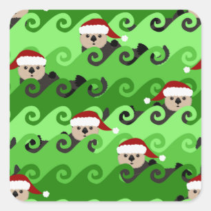 Christmas Sea Otters Green Waves Square Sticker