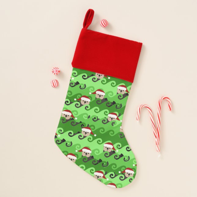 Christmas Sea Otters Green Waves Stocking (Front)