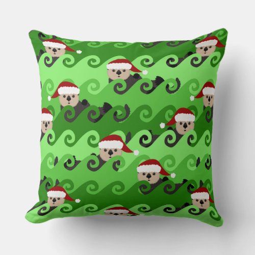 Christmas Sea Otters Green Waves Throw Pillow