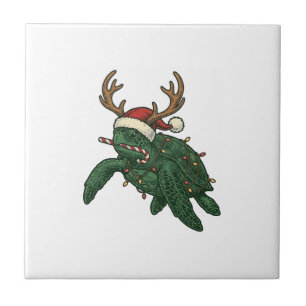 Christmas Sea Turtle Reindeer Vintage Engraving De Ceramic Tile