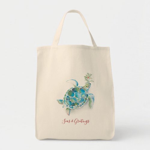 Christmas Sea Turtle Watercolor Seas  Greetings Tote Bag