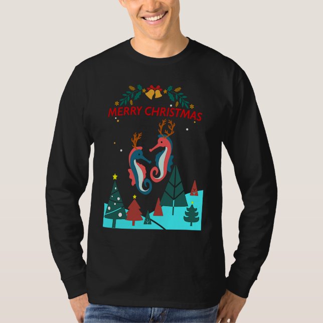 Christmas Seahorse Reindeer With Holiday Decorativ T-Shirt (Front)